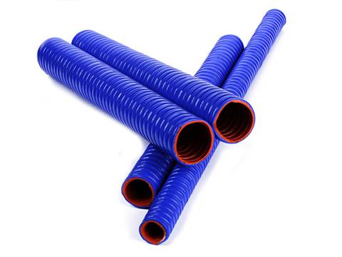 Four blue flexible silicone hoses with steel helix.