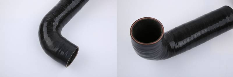 From two angles, one black 90 degree elbow silicone hose is displayed on the picture.