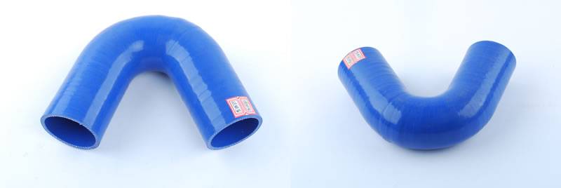 One blue 135 degree silicone hose is displayed from two angles.