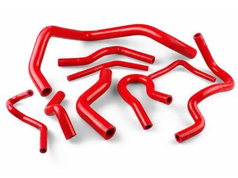 Several red colors car silicone hose kits in different sizes on the white background.